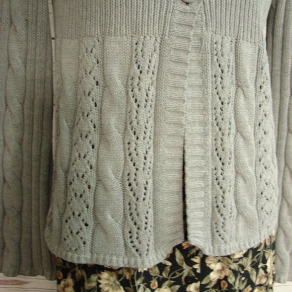 Lt Gray Cable Knit Flare Sleeve Cardigan Sweater L - Picture 5 of 16